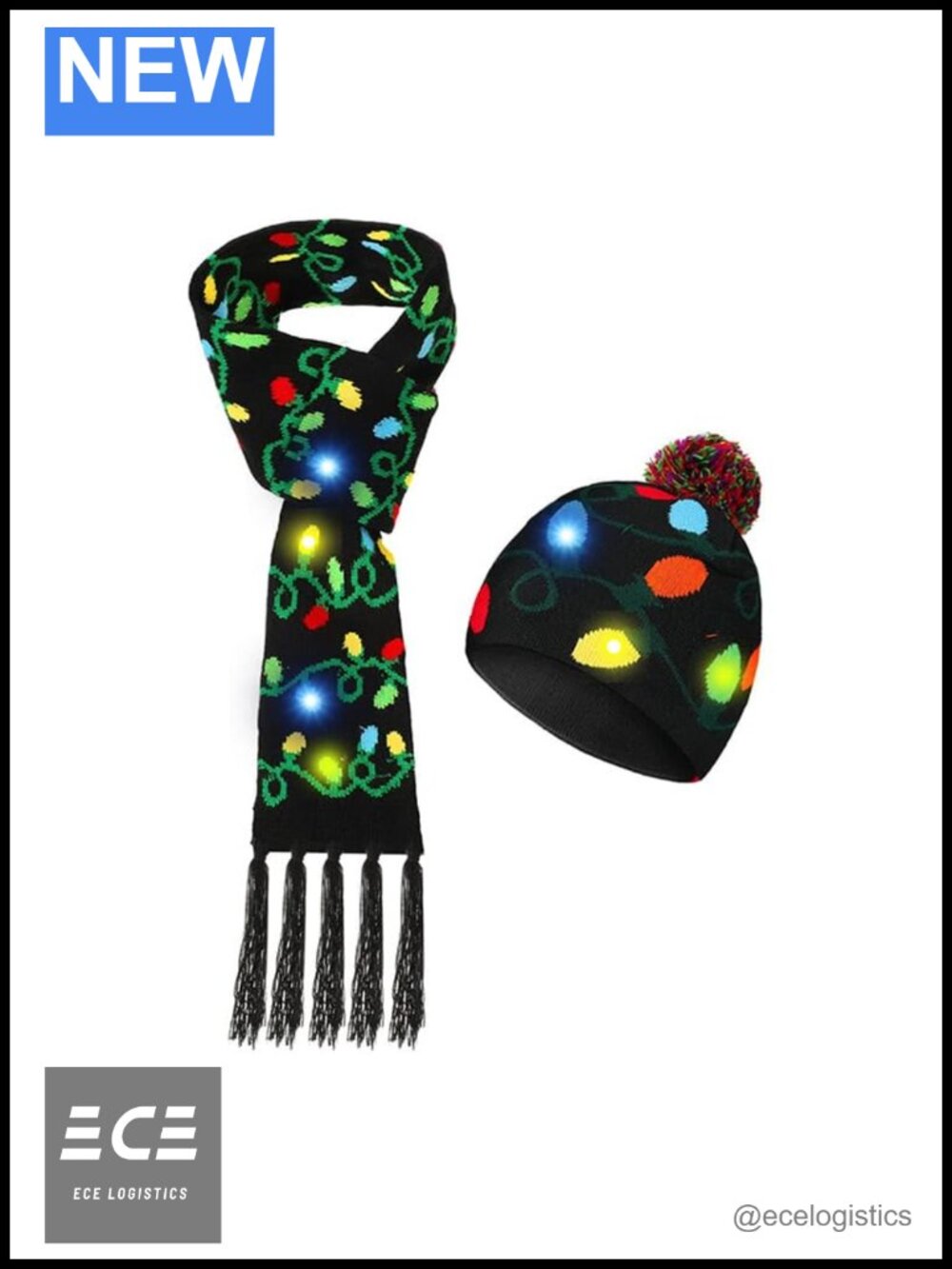 LED Beanie Hat and Scarf Set Knitted Light Up Winter Holiday Gift